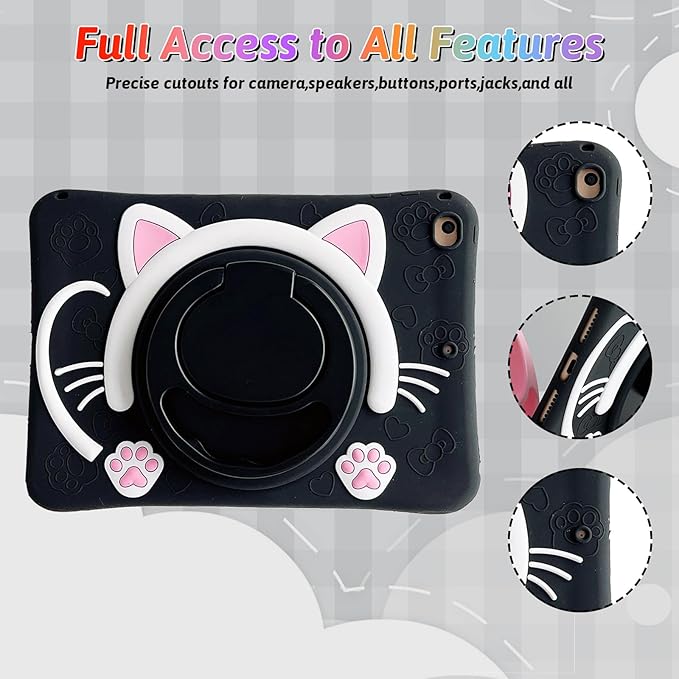 Dteck for iPad Pro 11 Case 2022/2021/2020/2018,iPad Air 5/4 Case,Cute Cartoon 3D Unique Rotating Handle Stand Shoulder Strap Soft Silicone Funda Rugged Shockproof Protective Kid-Proof Case,Black Cat