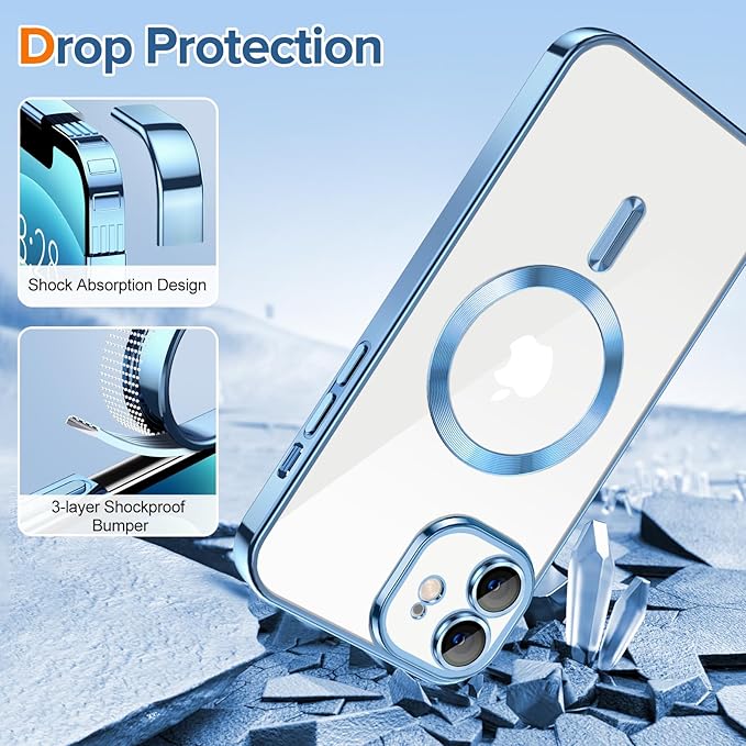 Hython Magnetic Clear for iPhone 12 Case with Camera Lens Protector [Compatible with MagSafe] Luxury Plating Edge Slim Soft TPU Cover Protective Phone Case for iPhone 12 6.1", Light Blue