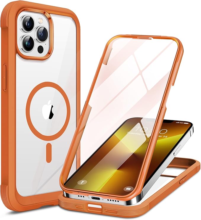 Miracase for iPhone 13 Pro Case 6.1",Full-Body Protection,Clear Bumper Case with Built-in 9H Tempered Glass Screen Protector,Military-Grade Drop Protection Outdoor Phone Case for iPhone 13 Pro,Orange