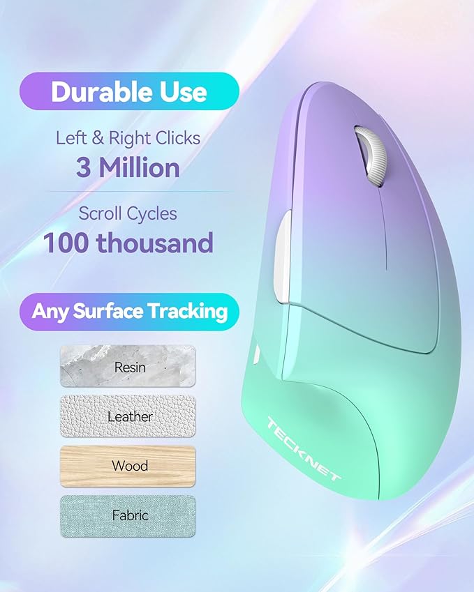 TECKNET 2.4G Ergonomic Mouse Vertical Wireless - 4800 DPI Optical Carpal Tunnel Mice Right Hand, 4800 DPI Adjustable, Quiet Clicks, 6 Buttons for Laptop, Desktop, PC, Computer - Green Purple