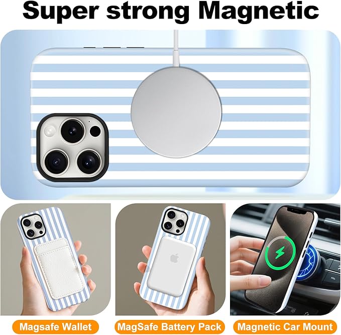 Magnetic for iPhone 14 Plus Case Cute Stripes Phone Case, Shockproof Slim TPU and Hard PC Protective Phone Cover Compatible with MagSafe Designed for Women Girls, Blue and White