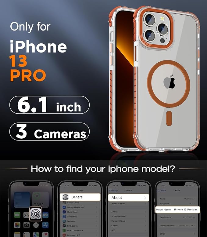 DEERLAMN Strong Magnetic Case for iPhone 13 Pro 6.1-Inch,[Compatible with Magsafe][Military-Grade Protection] Clear Slim Shockproof Protective Phone Cover for Women Men-Transparent+Orange