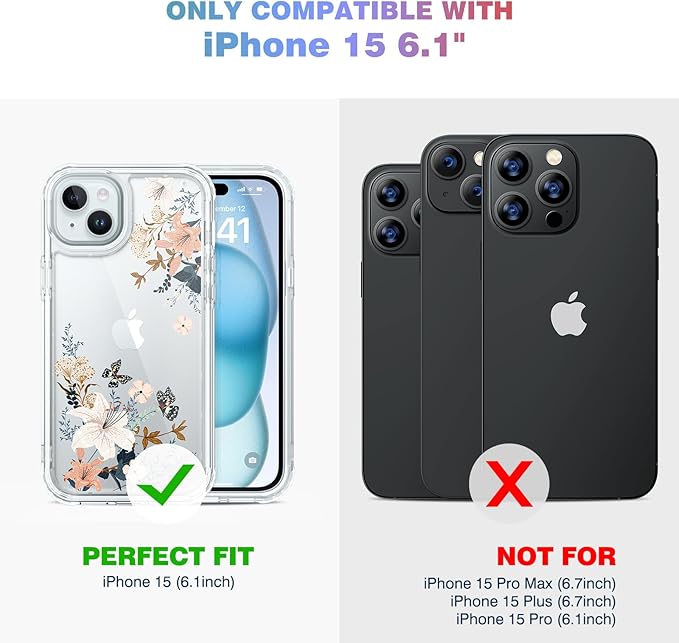 Diaclara Designed for iPhone 15 Case, Full Body Rugged Case with Built-in Touch Sensitive Anti-Scratch Screen Protector, with Camera Lens Protector for iPhone 15 6.1" (Lily) Butterfly