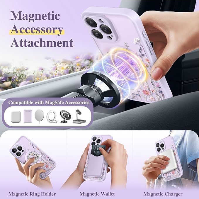 GVIEWIN for iPhone 16 Pro Case Compatible with MagSafe, [Military Grade Protection] [Screen Protector] Full Camera Protection Floral Translucent Women Magnetic Phone Case, Floratopia/Colorful