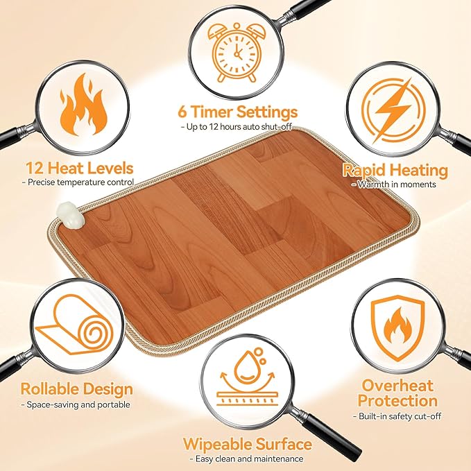 Heated Floor Mat, Foot Warmer Under Desk with 12 Adjustable Temperature & 12H Timer, 20"x12" Electric Heating Pad for Office Home, Safe with Shoes On, Brown Wood Grain, Feet Rest for Desk