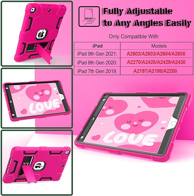 CCMAO iPad 9th Generation Case, iPad 8th/7th Generation Case, iPad 10.2 2021/2020/2019 Case with Kickstand, Heavy Duty Shockproof Hybrid Three Layer Protective Cover, Pink+Black