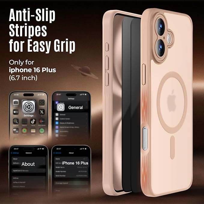 Symcele Designed for iPhone 16 Plus Case, Compatible with MagSafe, with Privacy Screen Protectors X2, [Camera Protection] [15FT Military Drop Protection] Shockproof Phone Case, 6.7", Light Brown