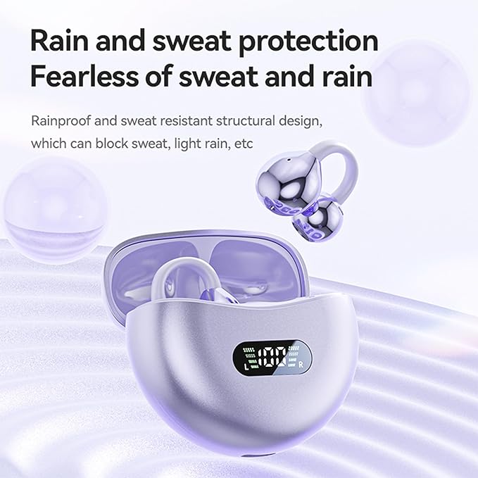 Open Ear Clip Headphones Wireless Earbuds Bluetooth 5.4 Sports Earphones Wireless Charging Case & LED Power Display Waterproof Fitness Headphones for Running (Black)