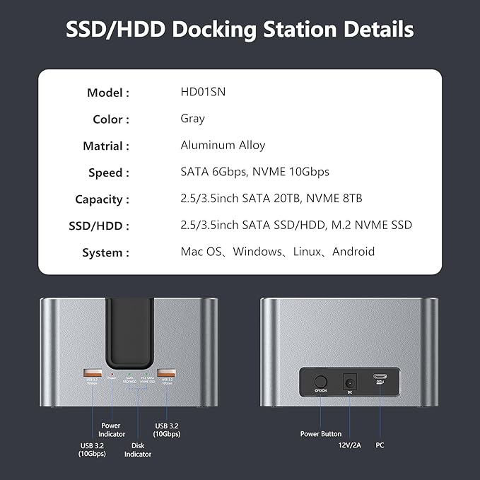 SATA & M.2 NVMe Hard Drive Docking Station for 2.5 & 3.5 inch SATA HDD/SSD and M.2 NVMe SSD, USB 3.2 10Gbps Transfer Rate, Up to 28TB, 2-Bay