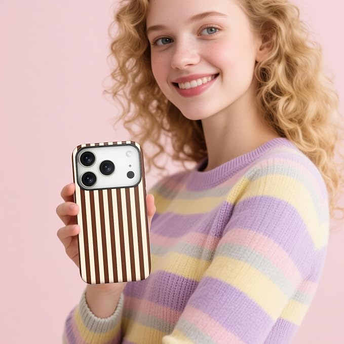 Magnetic for iPhone 17 Pro Max Case Cute Stripes Phone Case, Shockproof Slim TPU and Hard PC Protective Phone Cover Compatible with MagSafe Designed for Women Girls, Brown