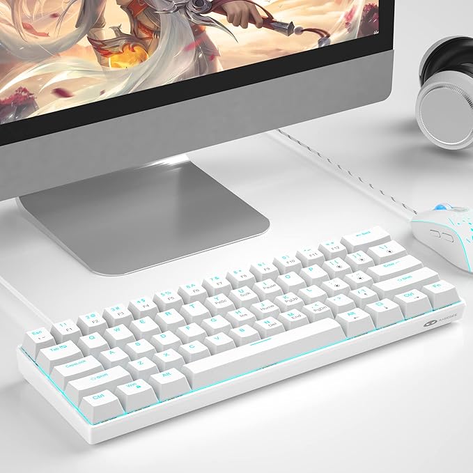 Camiysn 60% Mechanical Gaming Keyboard, White Gaming Keyboard with Red Switches, Detachable Type-C Cable Mini Keyboard with Blue LED Light for/PC/Laptop