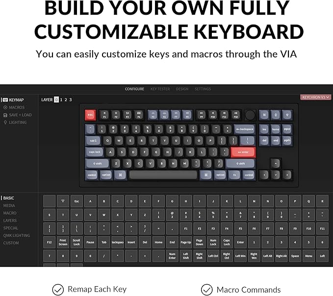 Keychron V3 Wired Custom Mechanical Keyboard Knob Version, TKL QMK/VIA Programmable Macro with Hot-swappable Keychron K Pro Red Switch Compatible with Mac Windows Linux Carbon Black (Non-Transparent)