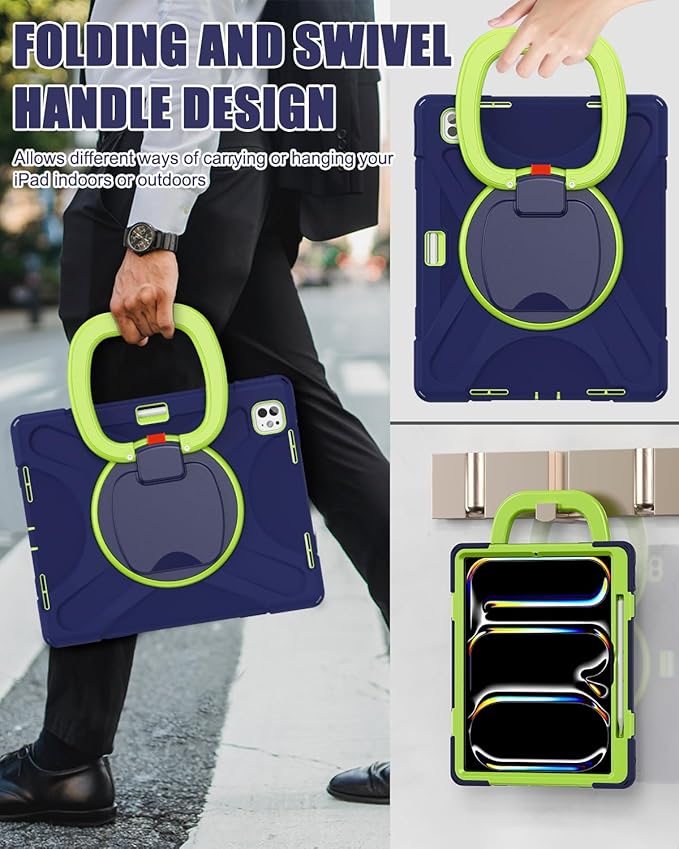 BRAECN for iPad Pro 13 Inch Case (M5/M4) 2025/2024, Shockproof Rugged Silicone Cover with 360°Rotating Handle Grip, Shoulder Strap, Pencil Holder & Ultra Stable Kickstand for Pro 13 Inch, Navy Green