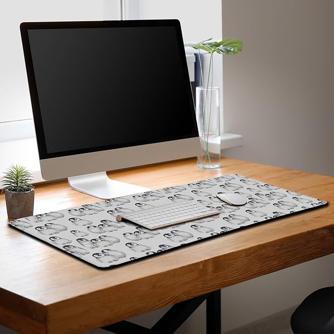 Gaming Mouse Pad White, Big Mouse Pads Office Desk Pad, XXL Mousepad Non-Slip Rubber Base Waterproof with Stitched Edges, 35.4 X 15.7 inch for Work/Game/Office/Home Little Penguin Isolated
