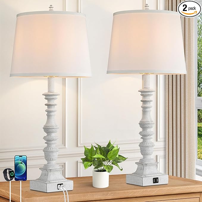 27.5'' Farmhouse Table Lamps Set of 2, Rustic Bedroom Lamps for Nightstand with Dual USB Charging, White Traditional Bedside Desk Lamps with Vintage Beige Fabric Shade for Living Room Kids Study Room