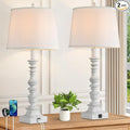 27.5'' Farmhouse Table Lamps Set of 2, Rustic Bedroom Lamps for Nightstand with Dual USB Charging, White Traditional Bedside Desk Lamps with Vintage Beige Fabric Shade for Living Room Kids Study Room
