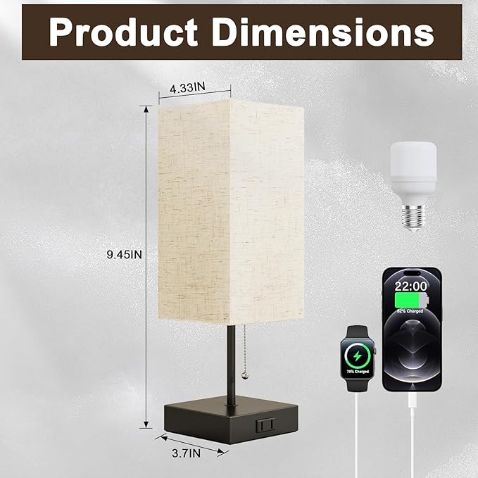 YIDPU Table Lamp for Bedroom,Nightstand Lamp for Bedside with AC Outlets,Adjustable 3color LED Light Desk Lamp for Home Decor,Included Bulb and Lamp Shade (Linen White-onlyAC, 1PCS)