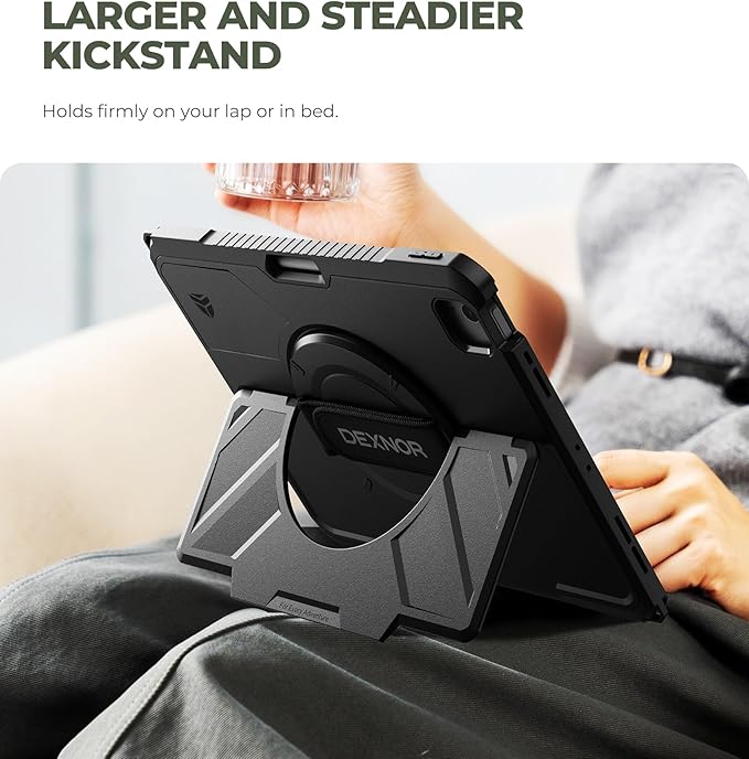 Dexnor Case for iPad Air 13 inch M4/M3/M2 (2026/2025/2024), Rugged Protective Case with 360° Rotating Hand Strap& Steady Stand& Screen Protector& Pencil Holder Shockproof Full-Body Bumper Cover, Black