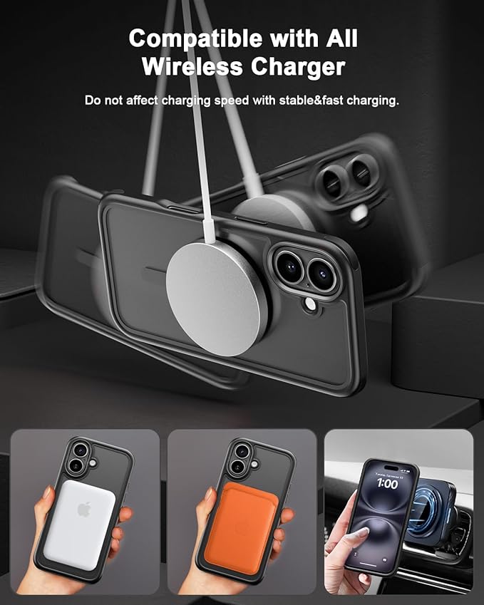 Mobnano for iPhone 16 Case, Compatible with MagSafe, Crystal Clear Case with Magnetic Ring, Multicolor Protective Shockproof Bumpers, Not Yellowing Slim Cover for Men Women - Black
