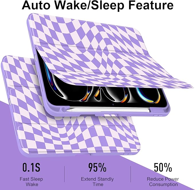TWOLSKOO Case for iPad Pro 11-inch (M5 2025 / M4 2024), Clear Acrylic Back with TPU Bumper, Pencil Holder, Trifold Stand, Auto Sleep/Wake, Purple Wavy Checker