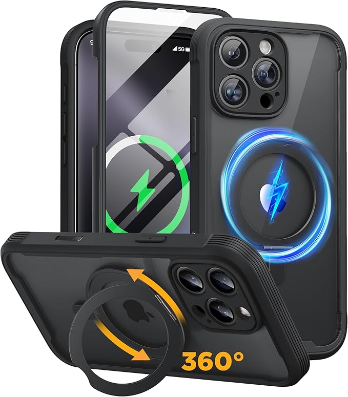 Miracase for iPhone 16 Pro Max Case with 360° Magnetic Ring Stand [Compatible with Magsafe] Full-Body Drop Proof Bumper Phone Case with Built-in 9H Tempered Glass Screen Protector,Black