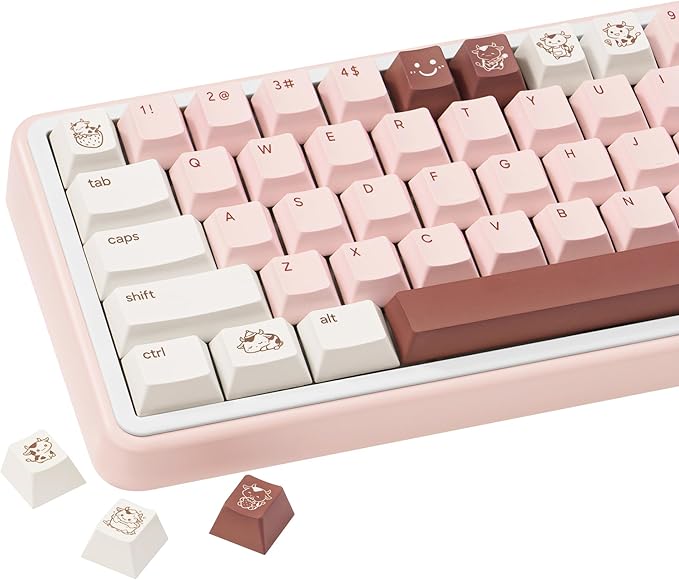 Milk Strawberry Cute Pink Keycaps - 134 Keys PBT Dye-Sublimation Keycaps, Cherry Profile - Kawaii Cow & Milk Cartoon Illustrations, Compatible with 60% 65% 75% 80% 100% Mechanical Keyboards