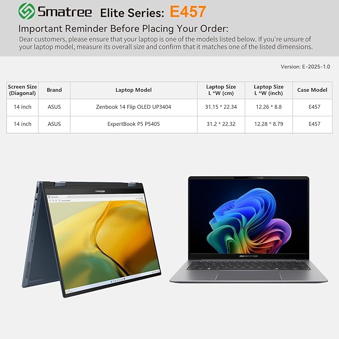 Smatree Laptop Sleeve for 14 inch ASUS Zenbook 14 Flip OLED UP3404, for 14 inch ASUS ExpertBook P5 P5405, Laptop Case with Accessory Pocket, YKK Zipper, Patented Shockproof Design (E457)