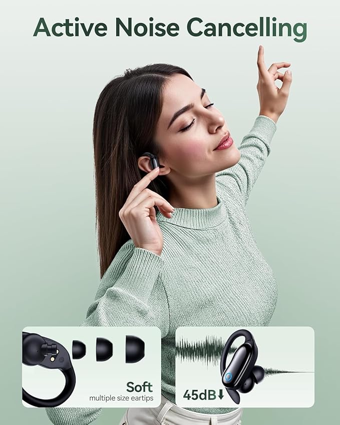 Active Noise Cancelling Ear Buds Wireless Earbuds 96hrs Playback Bluetooth Headphones Dual Battery Display Stereo Bass Earphones with Earhooks Microphone IPX7 Waterproof for Sports/Workout