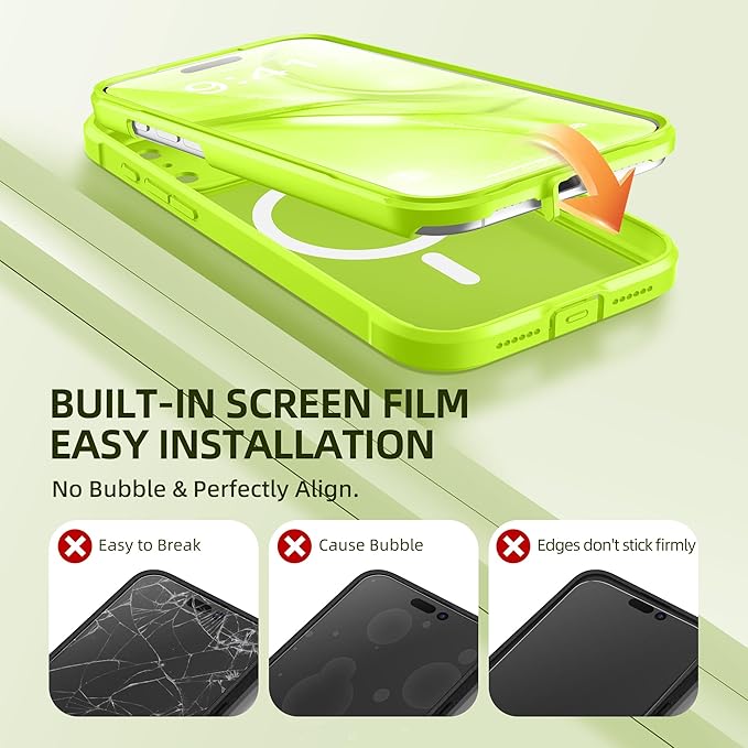 BERFY for iPhone 17 Pro Case, Compatible with MagSafe, Built-in Glass Screen Protector, Camera Protection, Shockproof Full Body Phone case 6.3", Translucent Bright Green