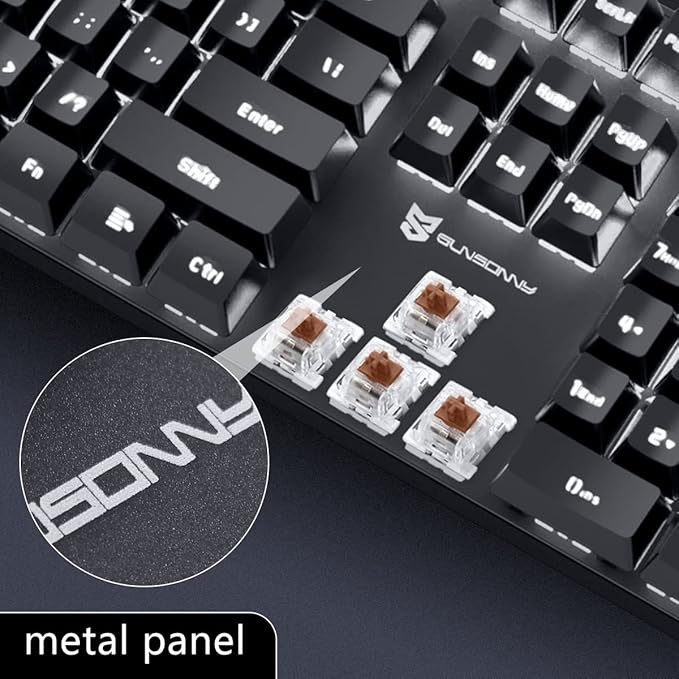 Merdia Brown Switch Black Full Size Mechanical Gaming Keyboard | 104 Keys US Layout Ice Blue Backlit Wired PC Gaming Keyboards | Hot Swappable LED Backlit Wired Mechanical Computer Keyboards