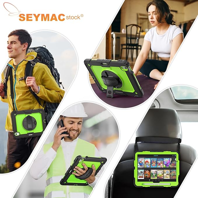 SEYMAC stock Case for iPad Air 11-inch M4-M2 2026-2024 (Gen 8-6), Shockproof Heavy Duty Case with Screen Protector, Pencil Holder, Rotating Stand, Hand Strap, Shoulder Strap, Green