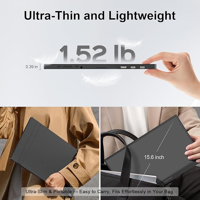 Portable Monitor, 15.6 inch 1080P USB-C HDMI Travel Monitor Built-in Stand VESA, External Screen for Laptop, PC, Mac, PS, Xbox, Swich IPS HDR Ultra-Thin