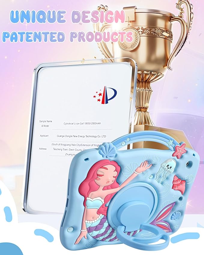 Boaretiu for iPad 9th Generation Case 10.2 Inch - 3D Cute Cartoon Blue Mermaids for iPad 7th/8th/9th Gen Girls Teens Soft Silicone Tablet Cover with Strap & Rotating Stand