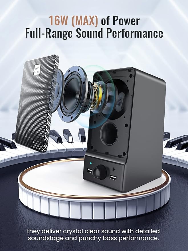 OROW USB Computer Speakers,Hi-Fi Stereo PC Speakers,16W Desktop Speaker,Built-in DSP Sound Chip, Deep Bass&Pure Vocal,Laptop Speakers with Headphone Jack(S203)