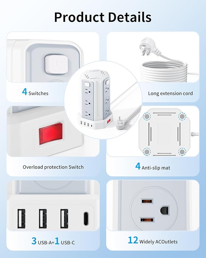 Power Strip Surge Protector, 6.5 Ft Extension Cord with 12 AC Multiple Outlets 4 USB (1 USB C), SMALLRT Power Tower Desktop Charging Station
