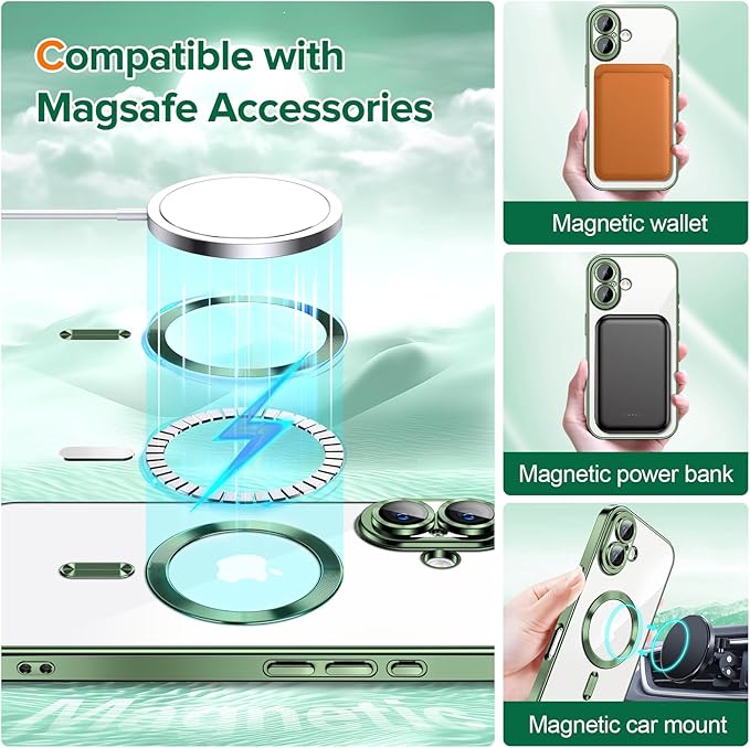Hython Magnetic Clear for iPhone 16 Plus Case with Camera Lens Protector [Compatible with MagSafe] Luxury Plating Edge Slim Soft TPU Cover Protective Phone Case for iPhone 16 Plus 6.7", Deep Green