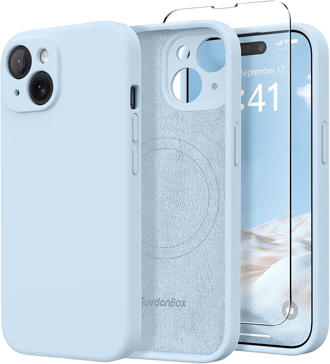 Magnetic for iPhone 14 Case, Compatible with MagSafe, [Full Camera Protection][Screen Protector] Silicone Shockproof Protective Phone Case for iPhone 14 6.1 inch, Light Blue