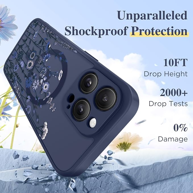 GVIEWIN for iPhone 16 Pro Case Compatible with MagSafe, [Military Grade Protection] [Screen Protector] Full Camera Protection Floral Translucent Women Magnetic Phone Case, Floratopia/Blue