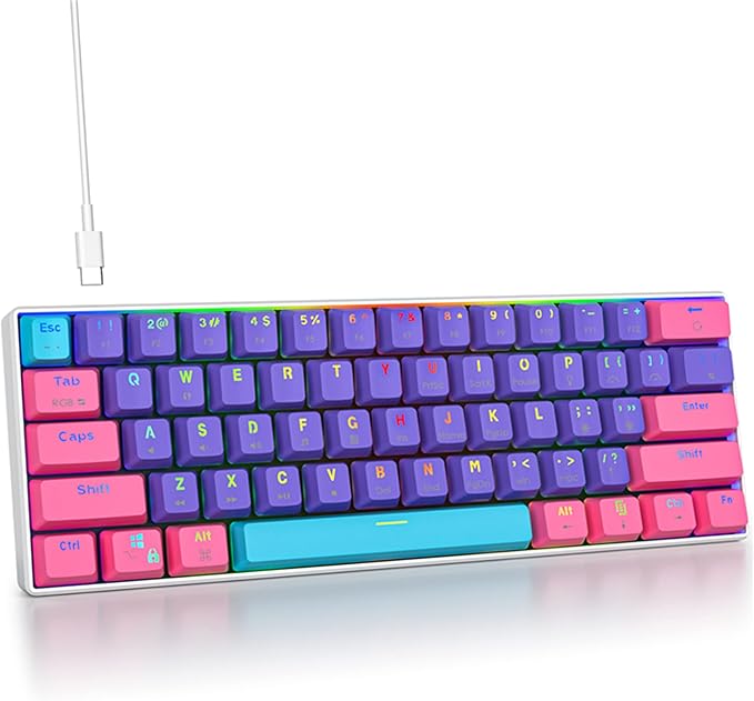 Protable 60% Percent Gaming Keyboard Mechanical, Mini Compact RGB Backlit 61 Keys Wired Office Keyboard with red Switch for Mac/Win (Purple/red Switch)