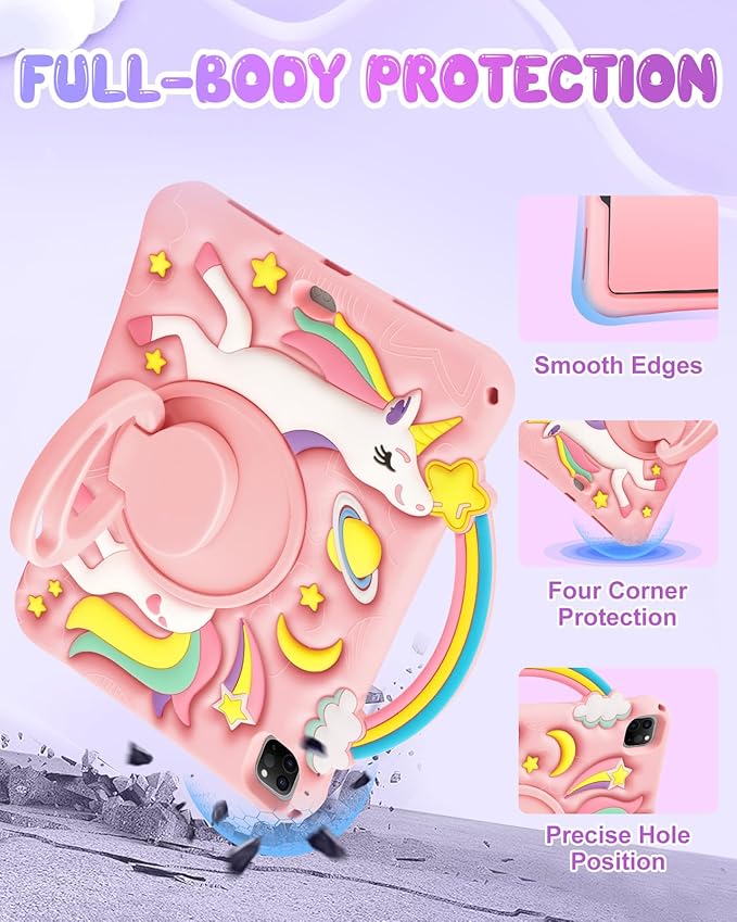Boaretiu for iPad Air 11 inch Case(Air M4 2026, 8th Gen/M3 2025/M2)/Air 5th/4th Gen 10.9", for iPad Pro 11" Case(4th/3rd/2nd/1st Gen) - Cute Unicorn Cartoon Silicone with Strap & Stand for Kids Girls