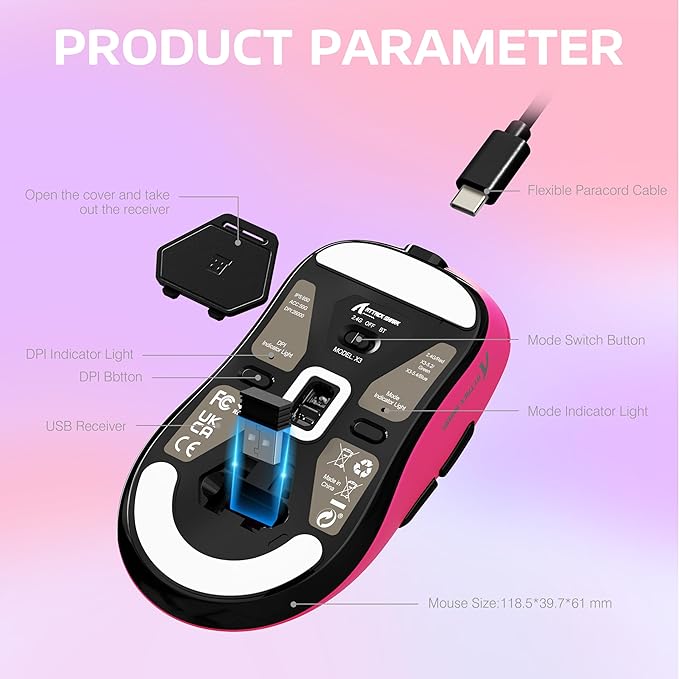 ATTACK SHARK X3 Wireless Gaming Mouse, 49g Ergonomic Computer Mouse, Triple Modes PAW3395 26K DPI Optical Sensor, 200h Battery Life, Programmable Buttons, Gaming Accessories for PC/Laptop/Mac (Berry)