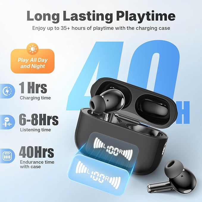 Wireless Earbuds, Bluetooth 5.3 Headphones Wireless Earbuds with 4 ENC Noise Cancelling Mic, 40+Hrs, HiFi Bass 3D-Stereo, USB C in-Ear Earphones, Ear Buds for iPhone, Android,Laptop