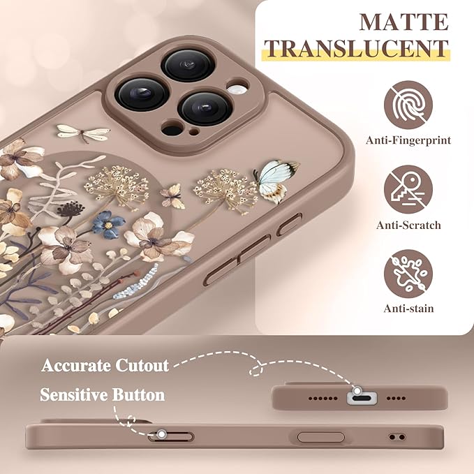 GVIEWIN for iPhone 16 Pro Max Case Compatible with MagSafe, [Military Grade Protection] [Screen Protector] Full Camera Protection Floral Translucent Women Magnetic Phone Case, Autumnflit/Brown