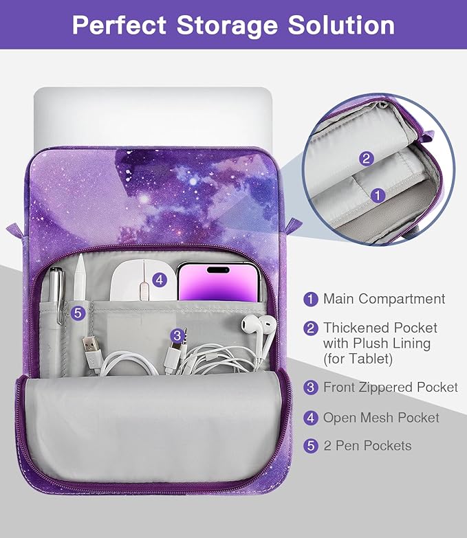 MoKo 13.3-14 Inch Laptop Sleeve Bag Fits Mac Neo 13-inch A18 Pro, Mac Pro 13.3" M2 2022/M5/M5 Pro/M5 Max 14.2" 2026, Mac Air 13.6" M5 2026, Handle Carrying Case with Shoulder Strap,Purple Starry Sky
