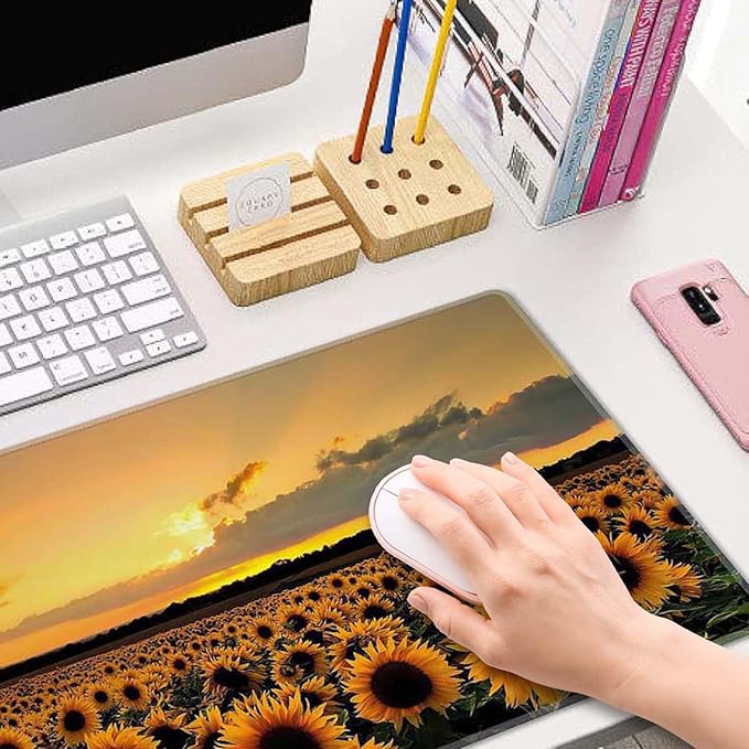 Sunflower Field Extended Big Mouse Pad Large,XL Gaming Mouse Pad Desk Pad,31.5x11.8inch Long Computer Keyboard Mouse Mat Mousepad with 3mm Non-Slip Base and Stitched Edge for Home Office Work