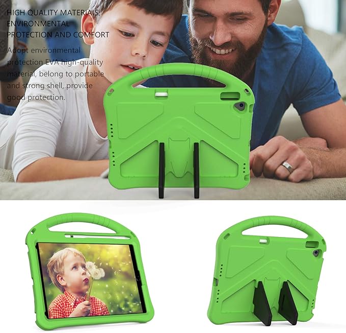 Kids Case for iPad 10.2/10.5, iPad 7th 8th 9th Gen/iPad Air 3rd Gen/Pro 10.5 Case, Techcircle Lightweight Shockproof EVA Foam Rugged Handle Stand Anti-Slip Grip Protective Case w/Pencil Holder, Green