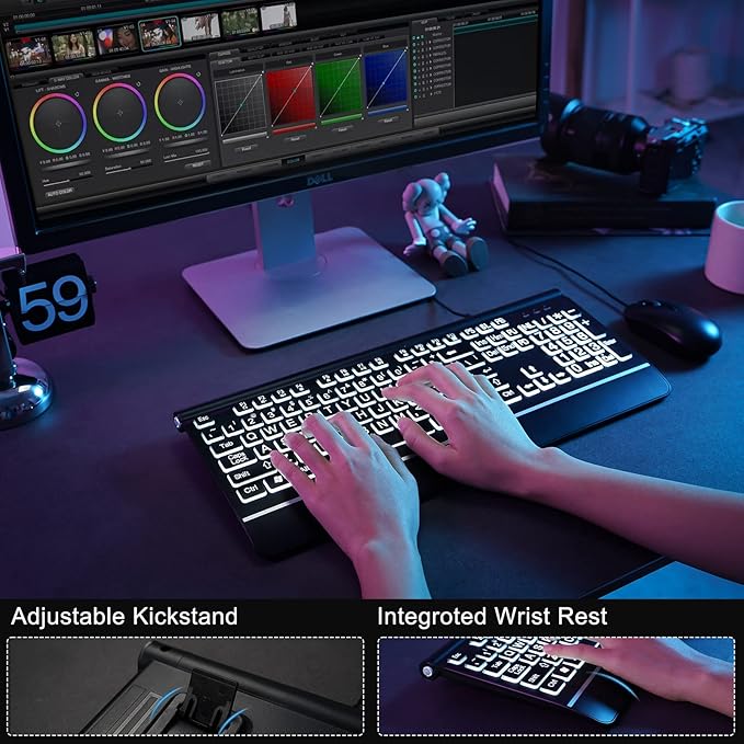 Backlit Large Print Keyboard, Wired Light Up Keyboards with 7-Color Backlit, Wrist Rest, Oversize Letters Keys Easy to See and Type, Corded Full-Size Keyboard for Windows Desktop, Laptop, PC, Gaming