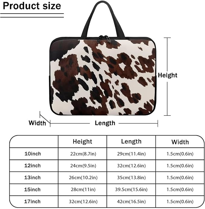 Cow Print Brown 15 Inch Laptop Sleeve, Laptop Cover Computer Bag Tablet Carrying Case with Handle, Waterproof Zipper Tote Bags Notebook Sleeves Handbag Messenger Briefcase