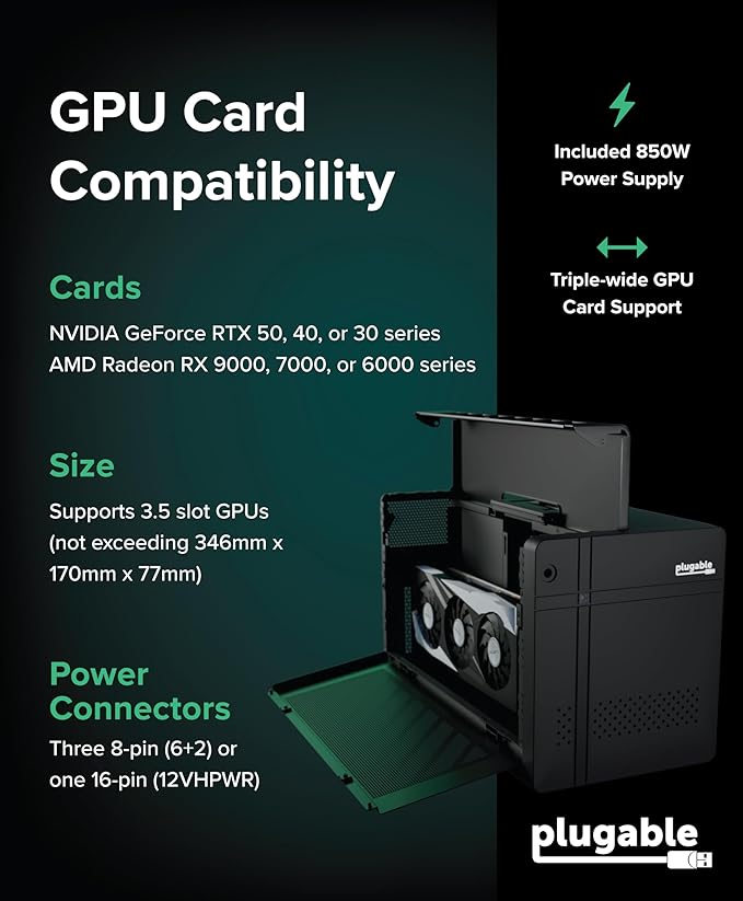 Plugable Thunderbolt 5 AI eGPU Enclosure & Dock: 80Gbps, 850W PSU Included, TAA Compliant for Windows 11, NVIDIA and AMD Cards (96W Power Delivery, 2.5Gbps Ethernet, 850W PSU, USB Hub) TBT5-AI