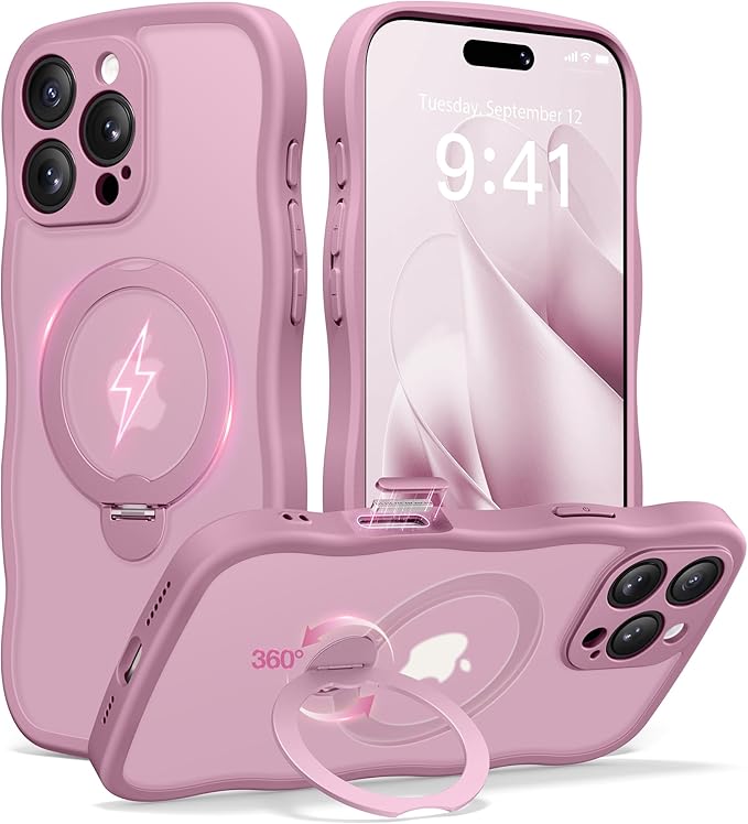 CAPRARO for iPhone 16 Pro Case with 360° Spin Magnetic Stand for Women, [Compatible with MagSafe] [Full Camera Protection] Cute Wave Translucent Matte Case for iPhone 16 Pro, Black Currant